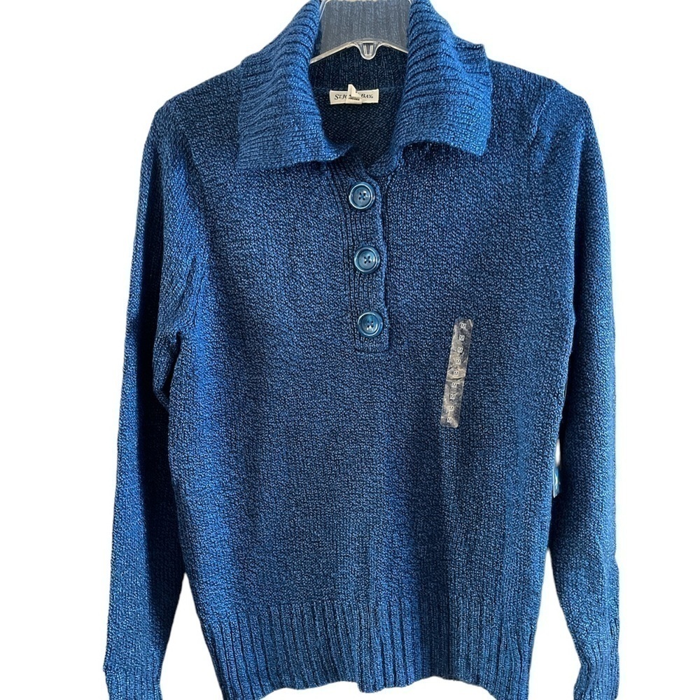 NWT St. Johns Bay shawl collar sweater 3 button V-neck closure size M blue
